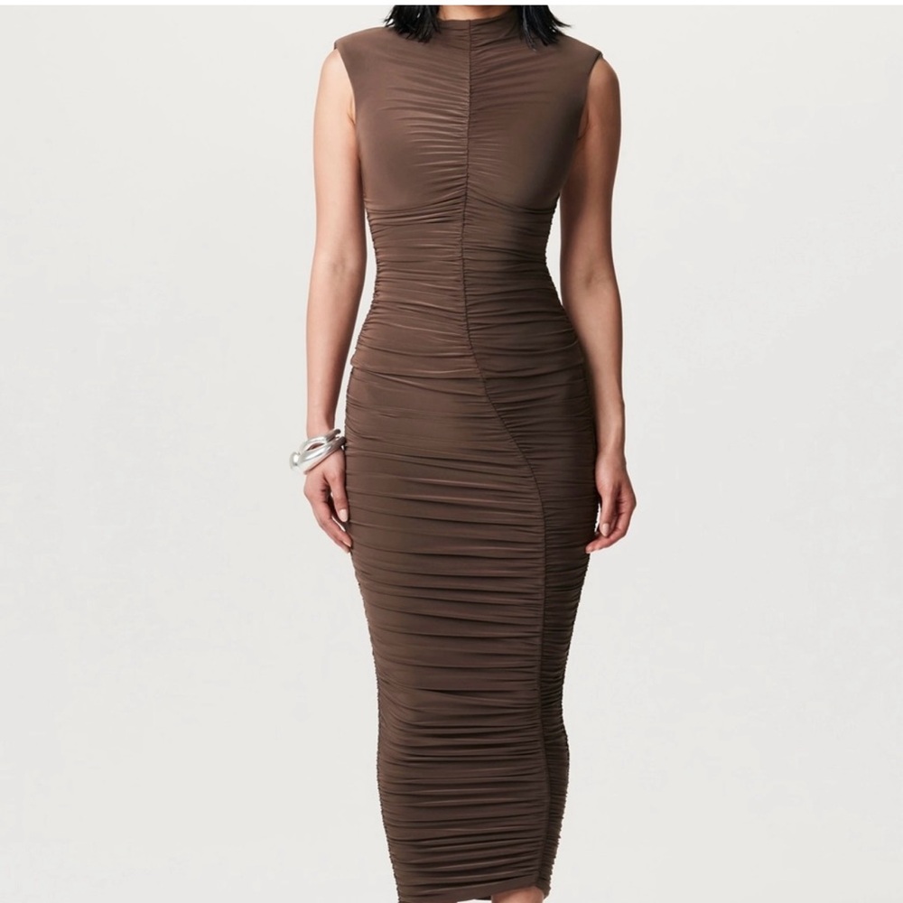 Elegant Brown Ruched Midi Dress